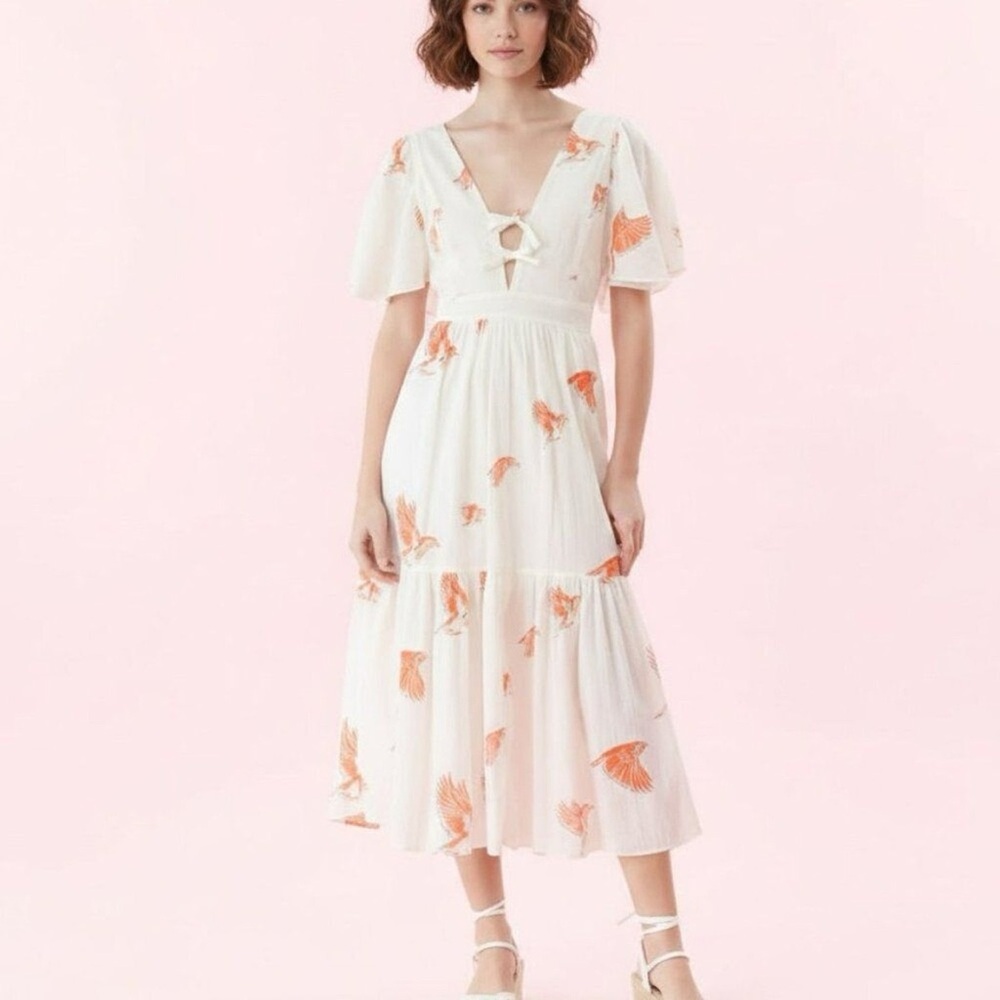 La Vie Rebecca Taylor White Floral Midi Dress with Orange Print